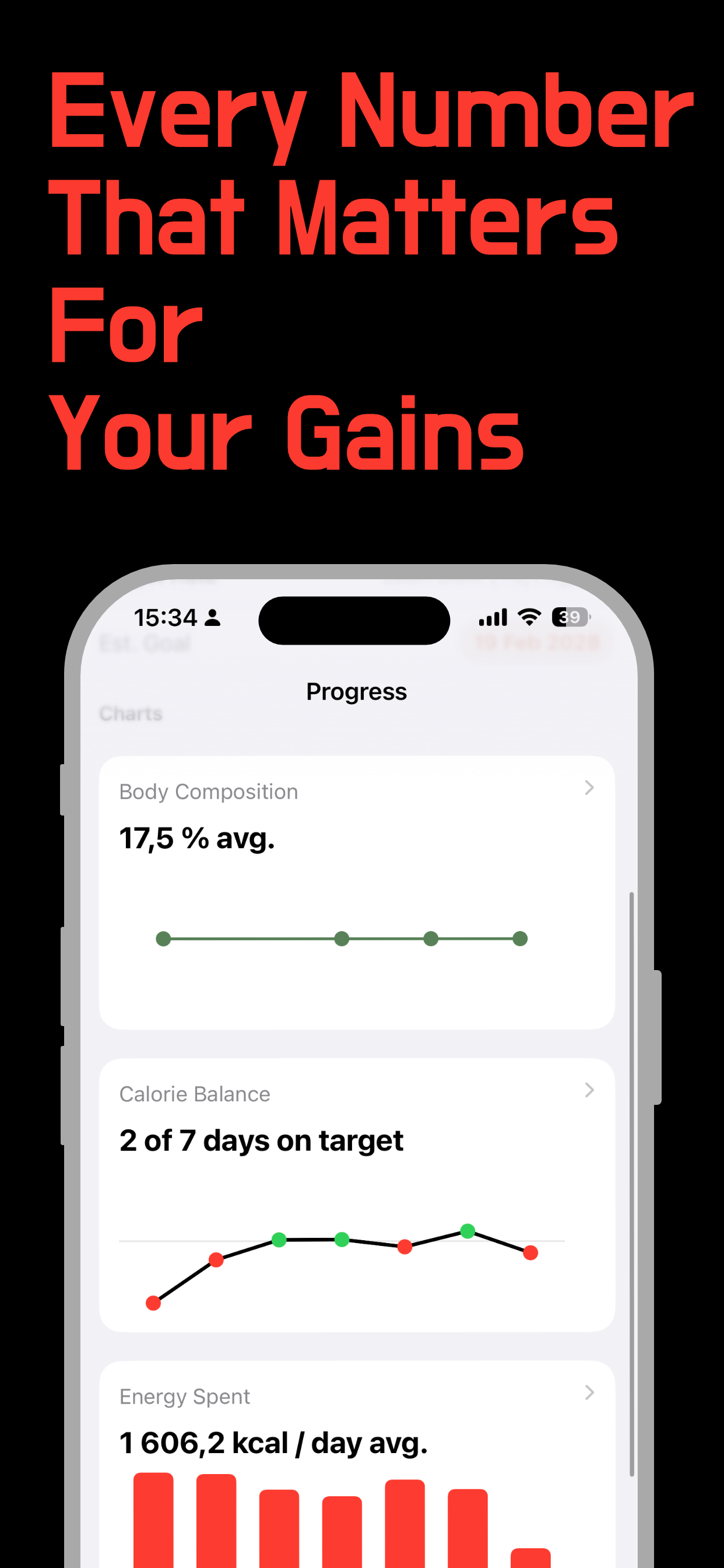 Progress screen with body composition and calorie balance