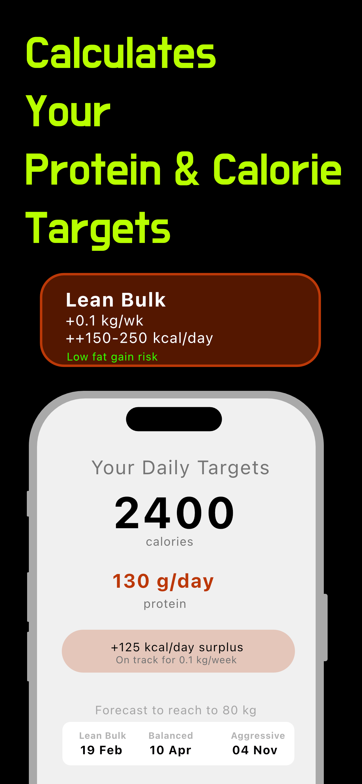 Daily calorie and protein targets with lean bulk forecast