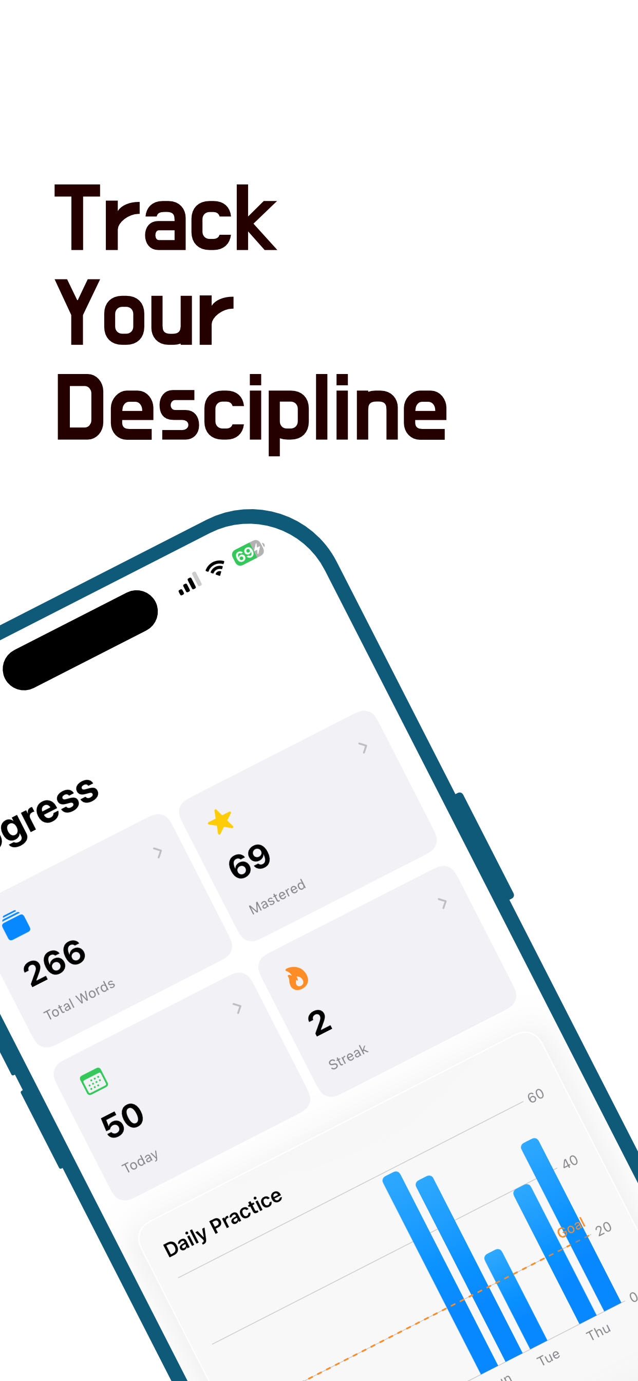 Progress dashboard with streaks and daily practice chart